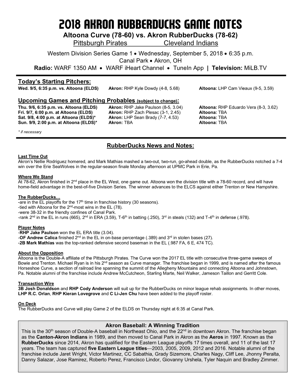 Rubberducks Game Notes 090518