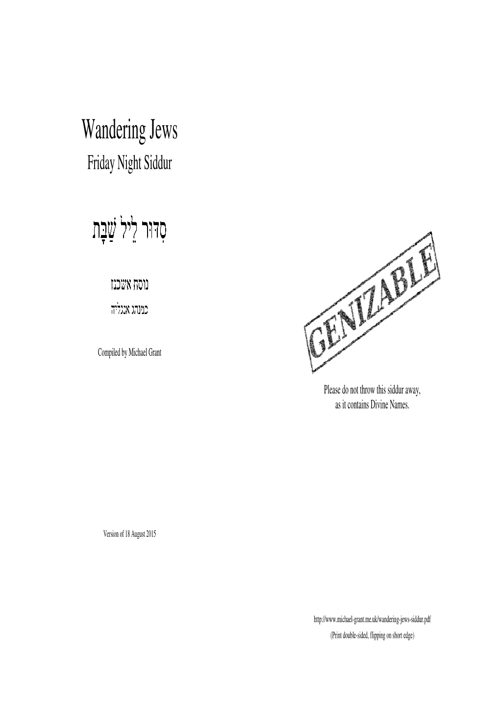 Wandering-Jews-Siddur.Pdf ( ( Print Double -Sided, Flipping on Short Edge)
