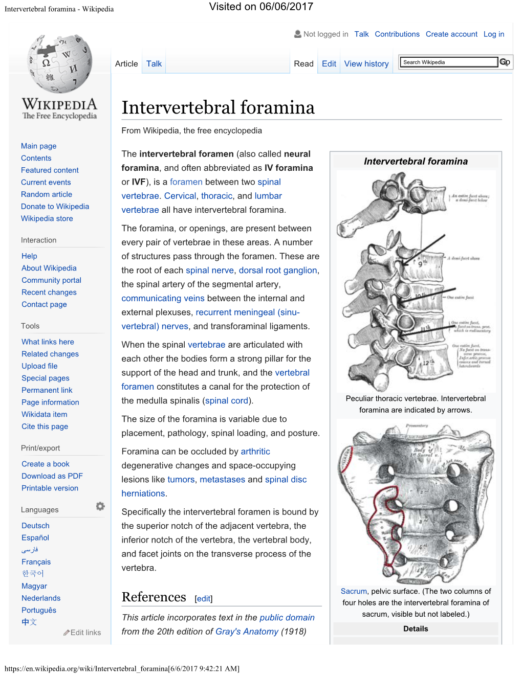 Intervertebral Foramina - Wikipedia Visited on 06/06/2017