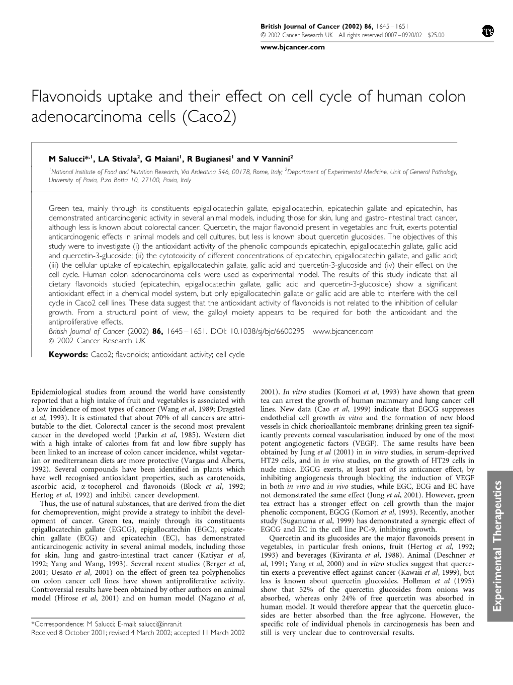 Flavonoids Uptake and Their Effect on Cell Cycle of Human Colon Adenocarcinoma Cells (Caco2)