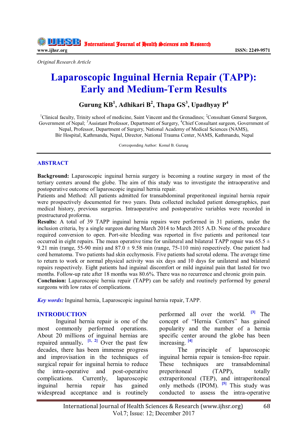 Laparoscopic Inguinal Hernia Repair (TAPP): Early and Medium-Term Results