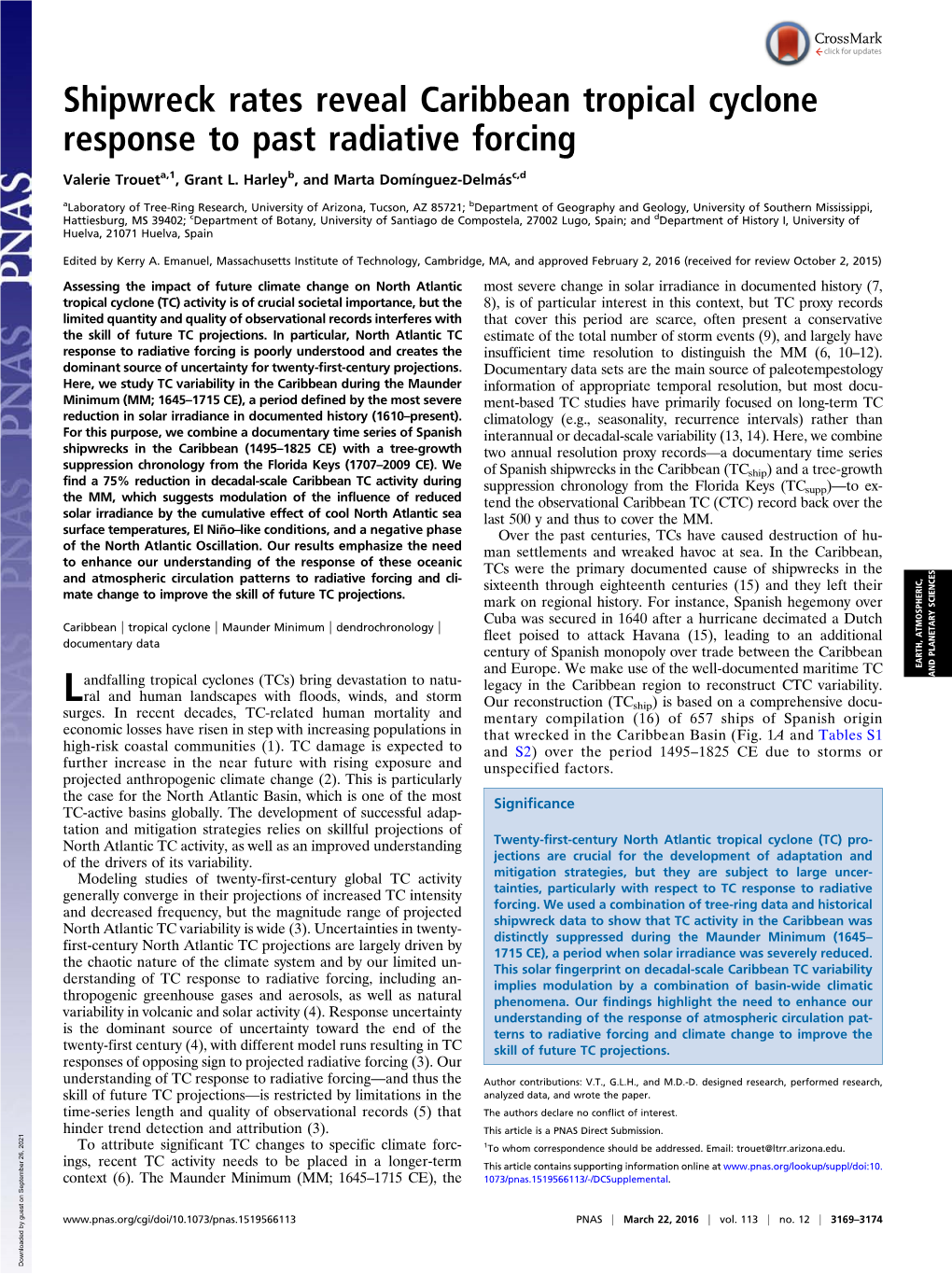 Shipwreck Rates Reveal Caribbean Tropical Cyclone Response to Past Radiative Forcing