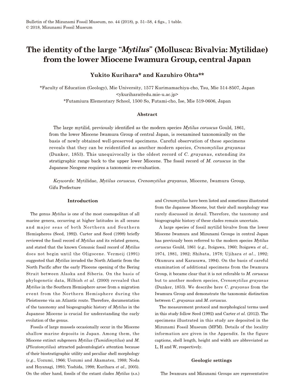 “Mytilus” (Mollusca: Bivalvia: Mytilidae) from the Lower Miocene Iwamura Group, Central Japan