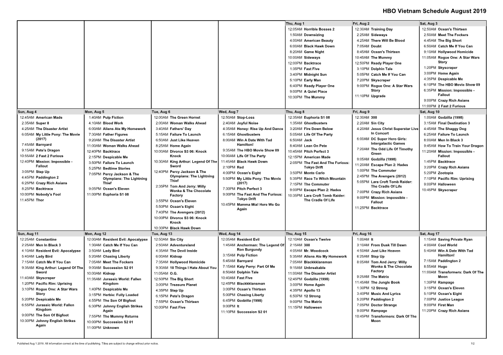 HBO Vietnam Schedule August 2019