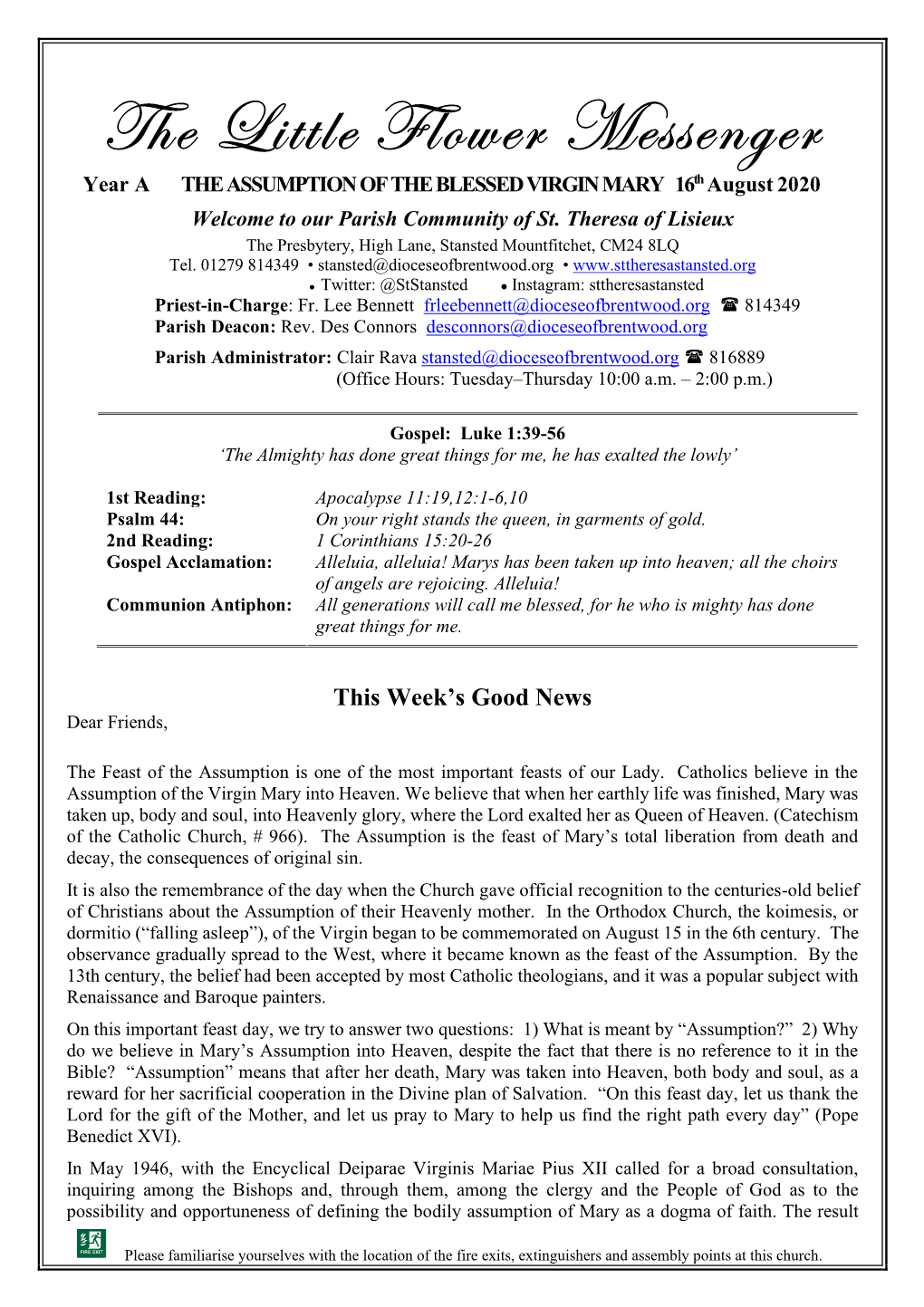 The Little Flower Messenger Year a the ASSUMPTION of the BLESSED VIRGIN MARY 16Th August 2020 Welcome to Our Parish Community of St