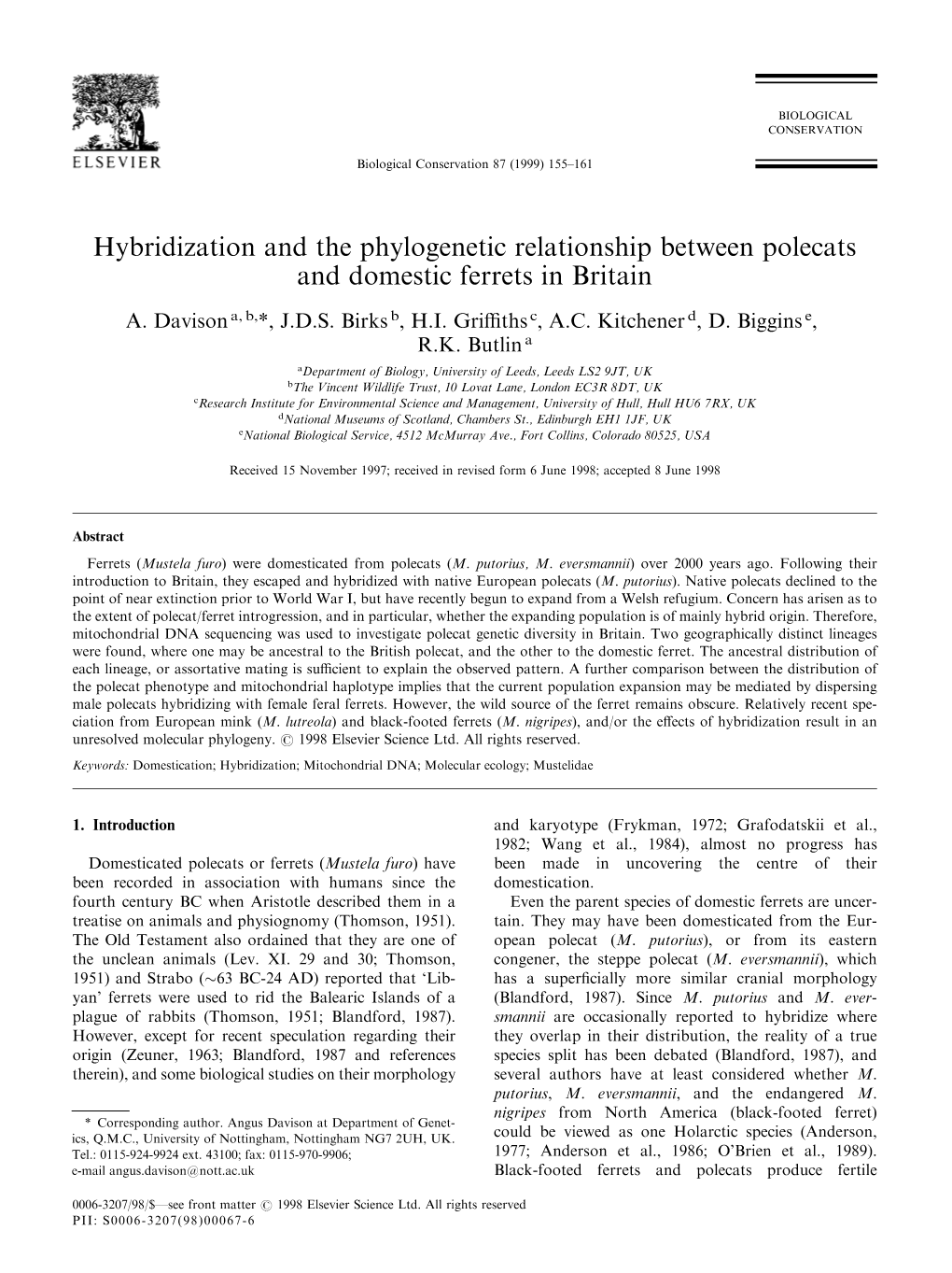 Hybridization and the Phylogenetic Relationship Between Polecats and Domestic Ferrets in Britain