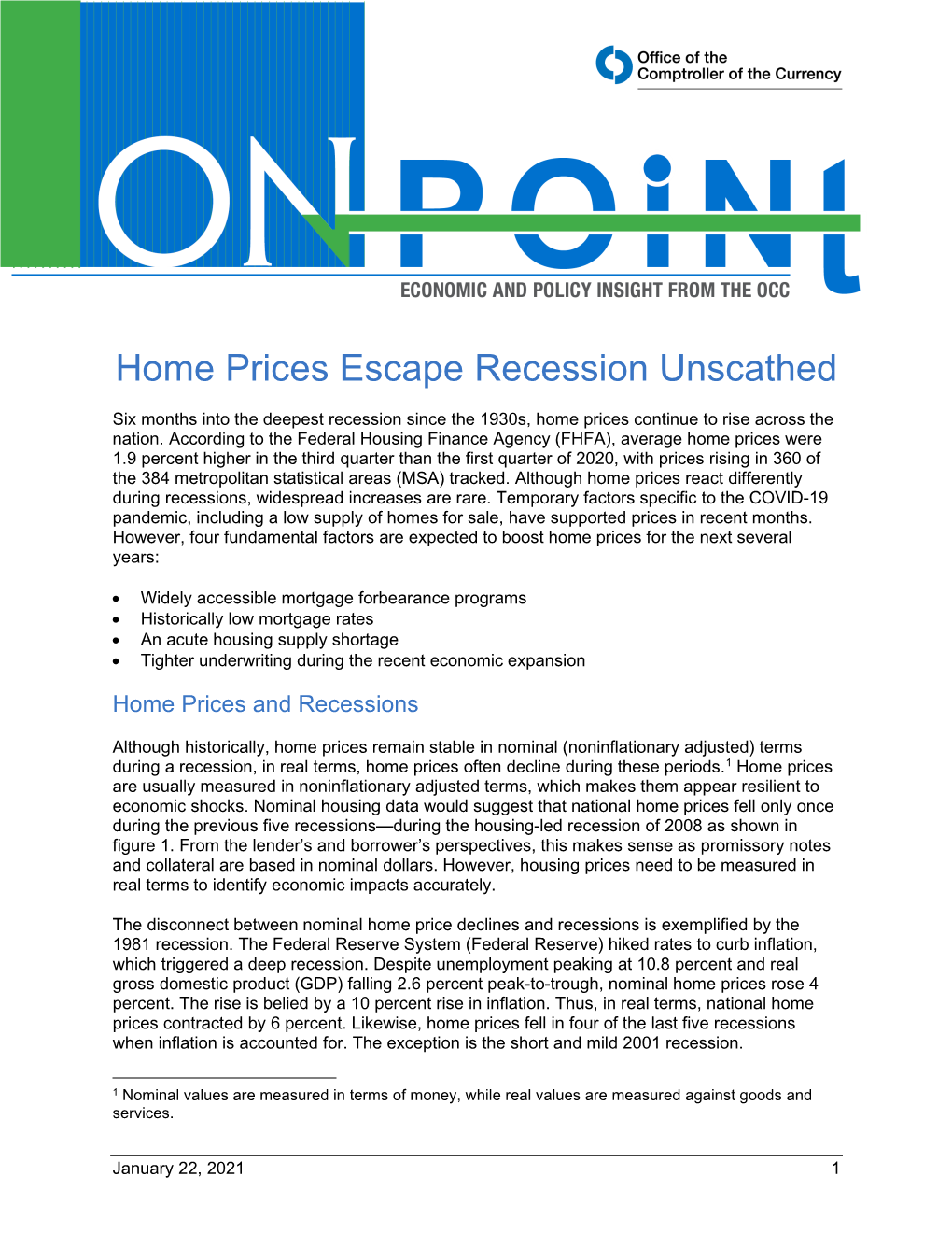 OCC on Point: Home Prices Escape Recession Unscathed