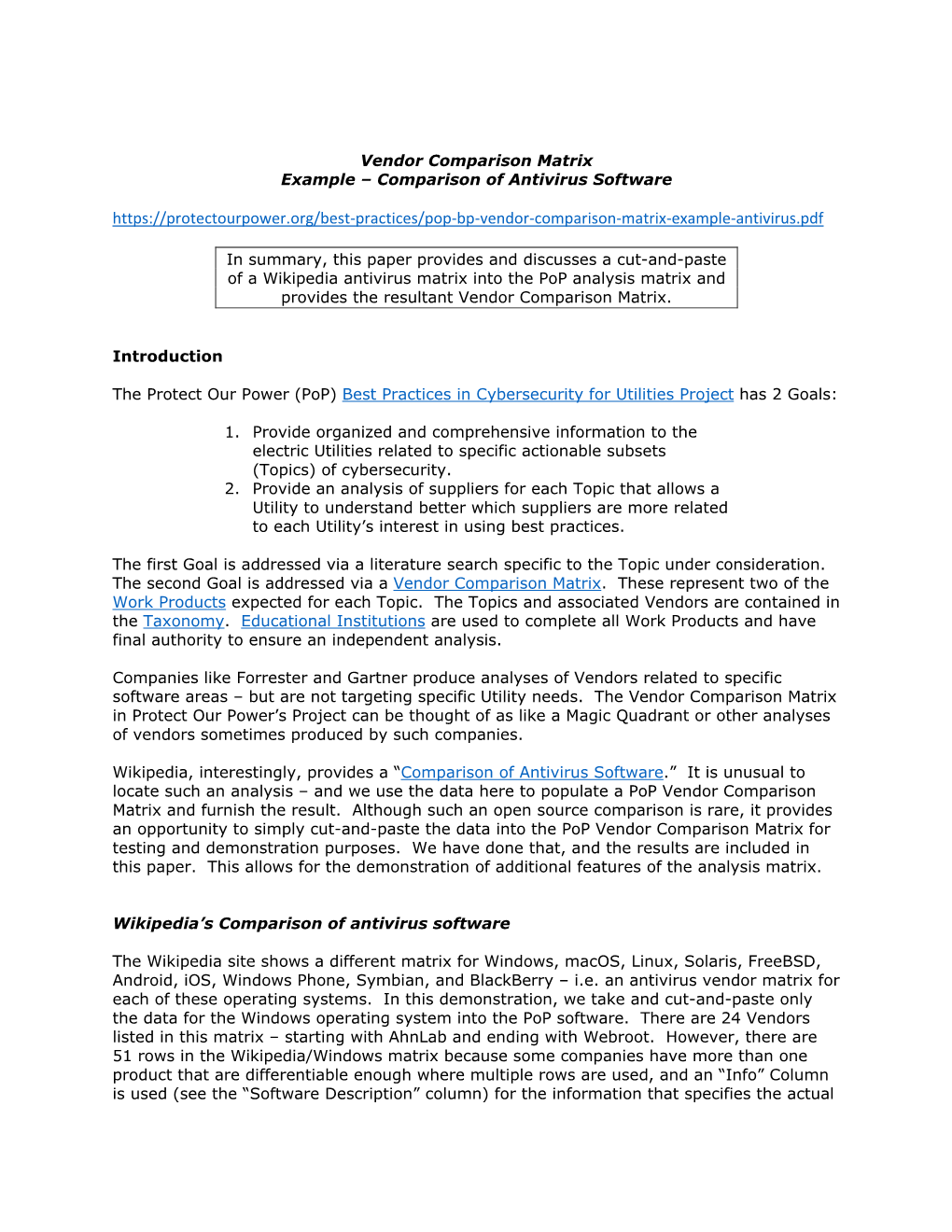 Vendor Comparison Matrix Example – Comparison of Antivirus Software