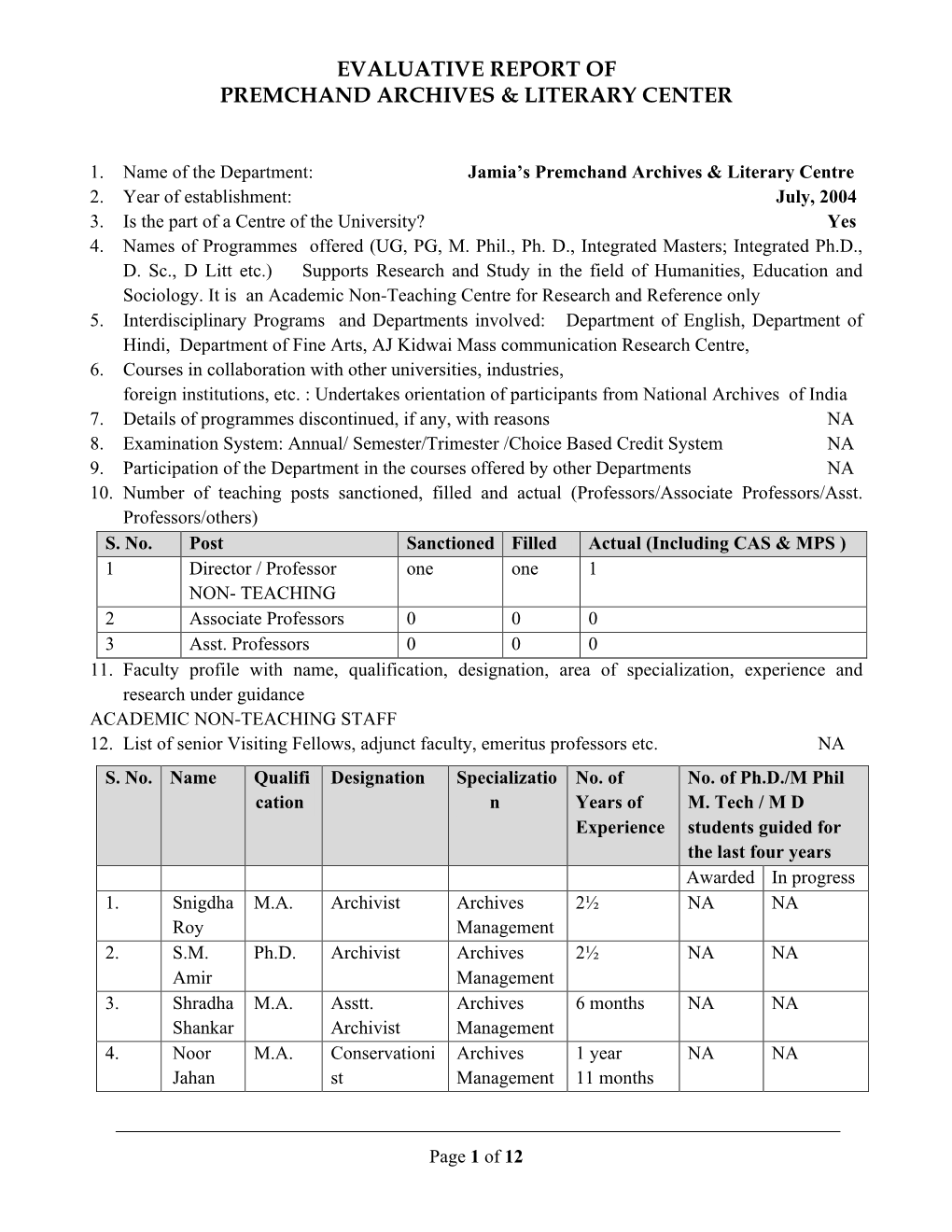 Evaluative Report of Premchand Archives & Literary Center