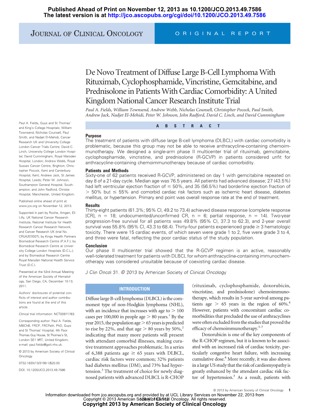 De Novo Treatment of Diffuse Large B-Cell Lymphoma with Rituximab