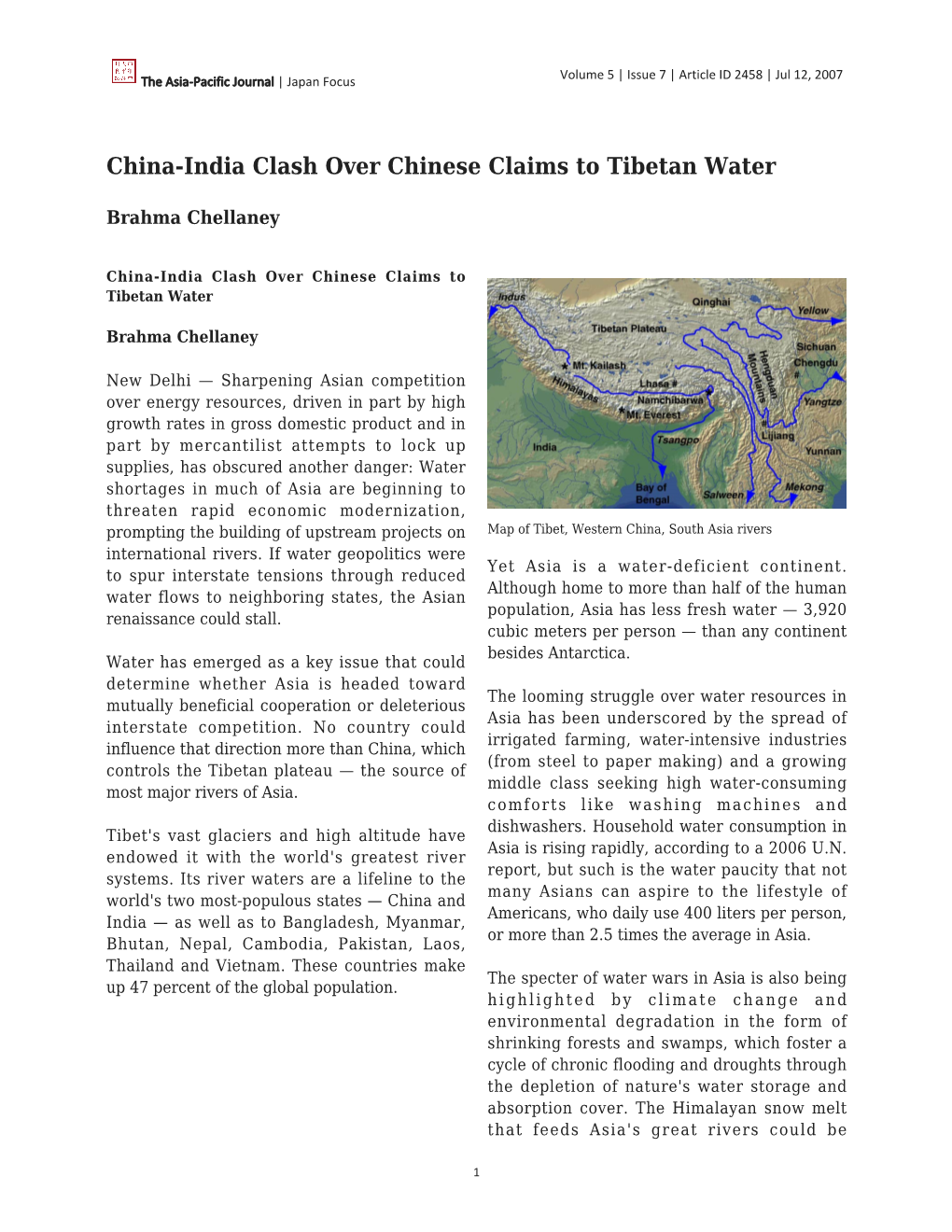 China-India Clash Over Chinese Claims to Tibetan Water