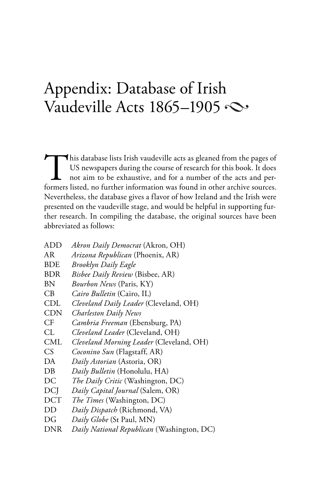 Appendix: Database of Irish Vaudeville Acts 1865–1905