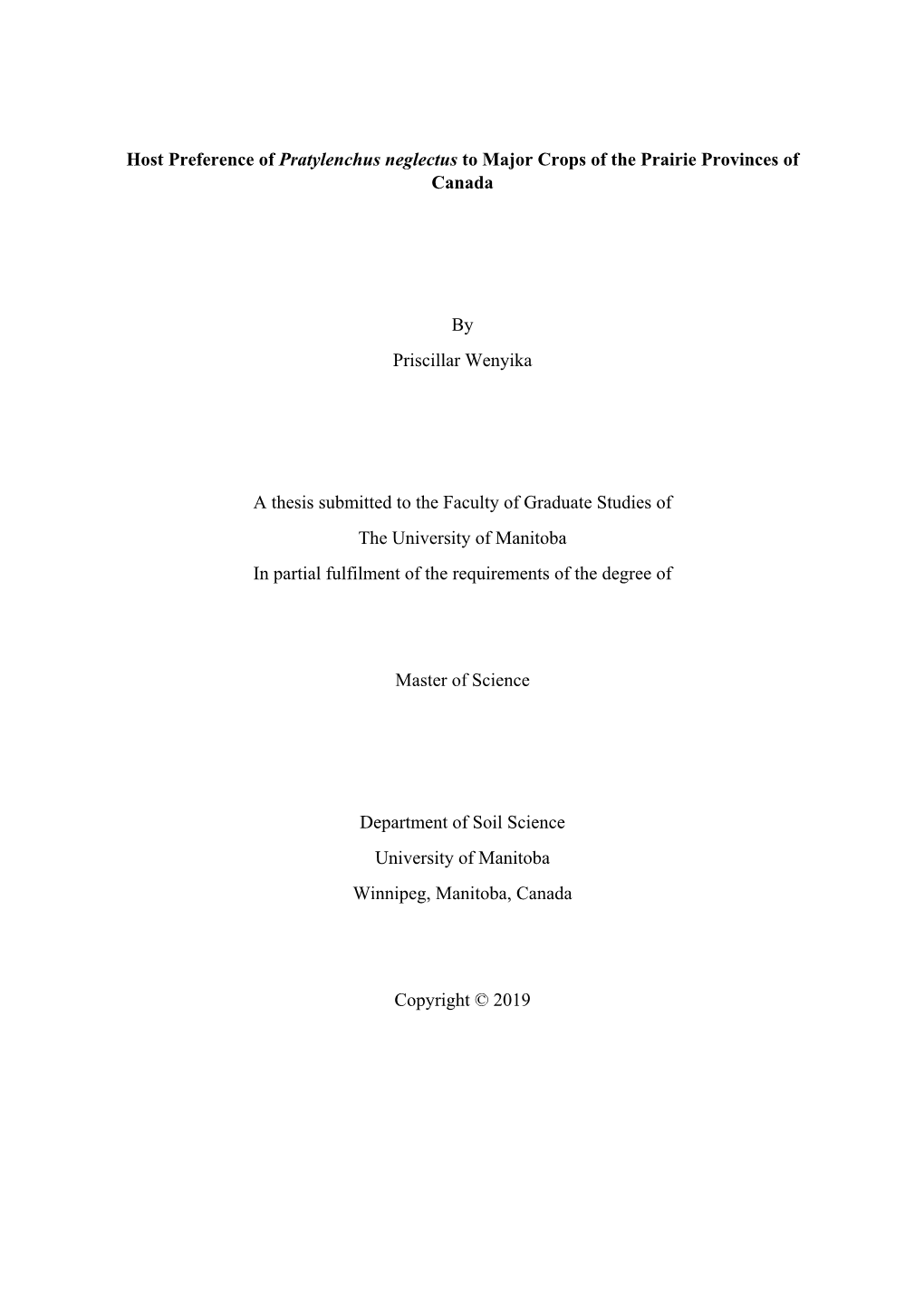 Host Preference of Pratylenchus Neglectus to Major Crops of the Prairie Provinces of Canada