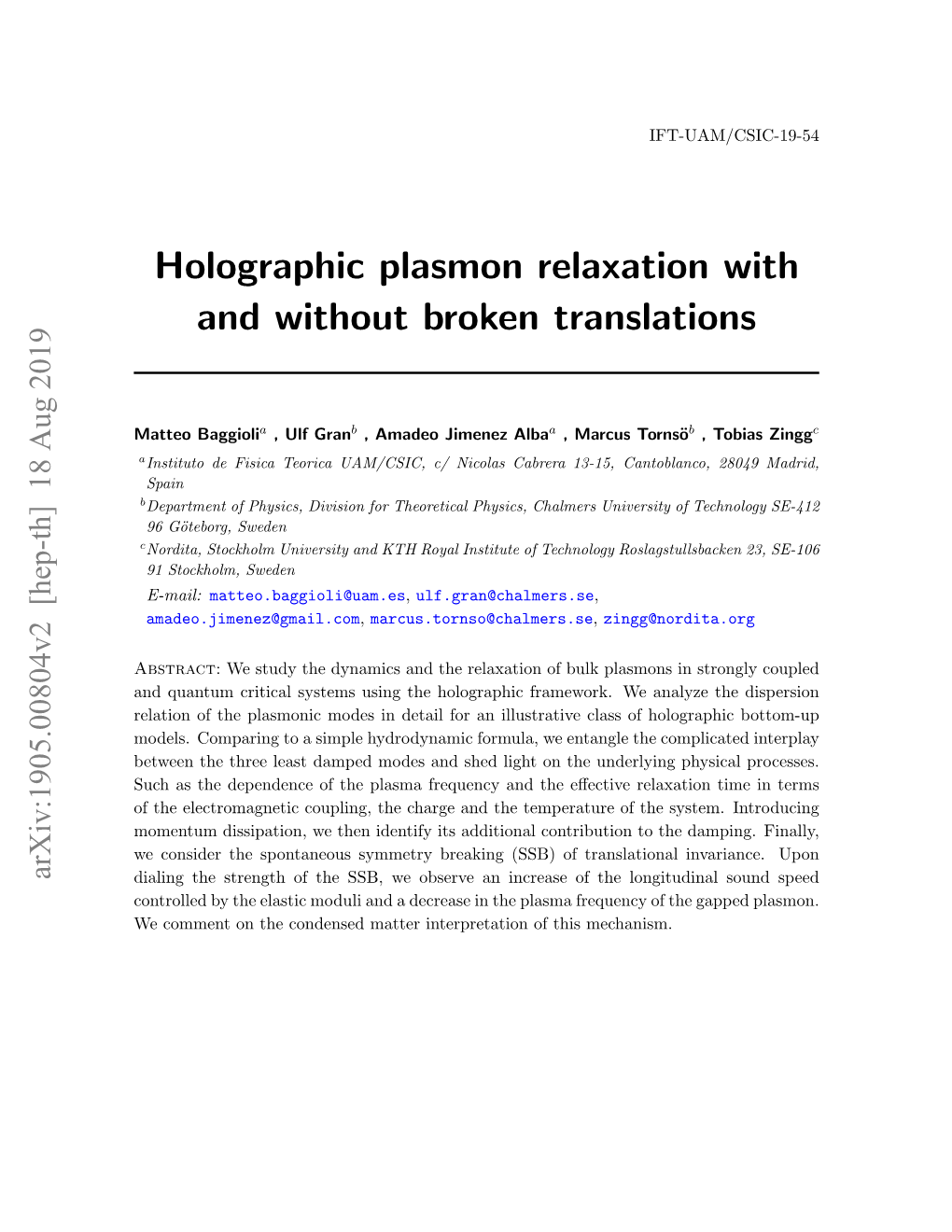 Holographic Plasmon Relaxation with and Without Broken Translations