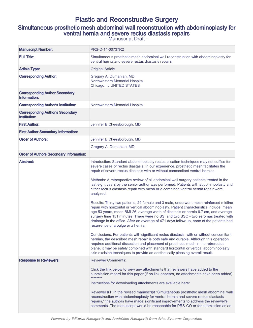 Rectus Diastasis Repairs --Manuscript Draft