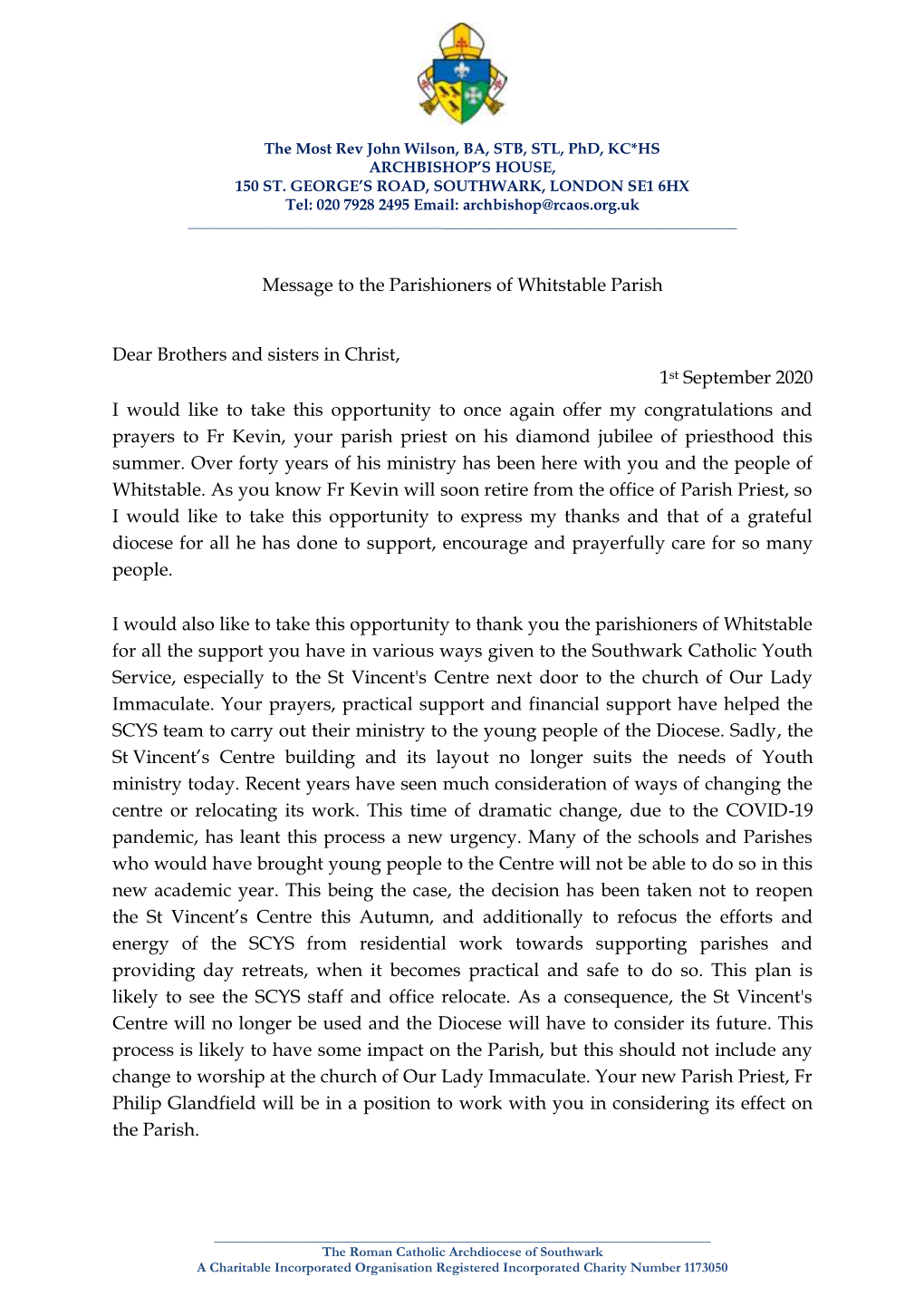 Message from Archbishop John Wilson to the Parish of Whitstable
