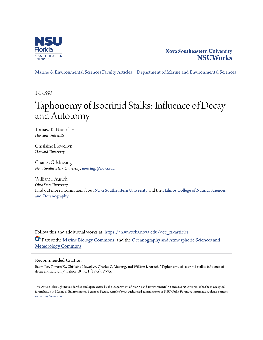 Taphonomy of Isocrinid Stalks: Influence of Decay and Autotomy Tomasz K