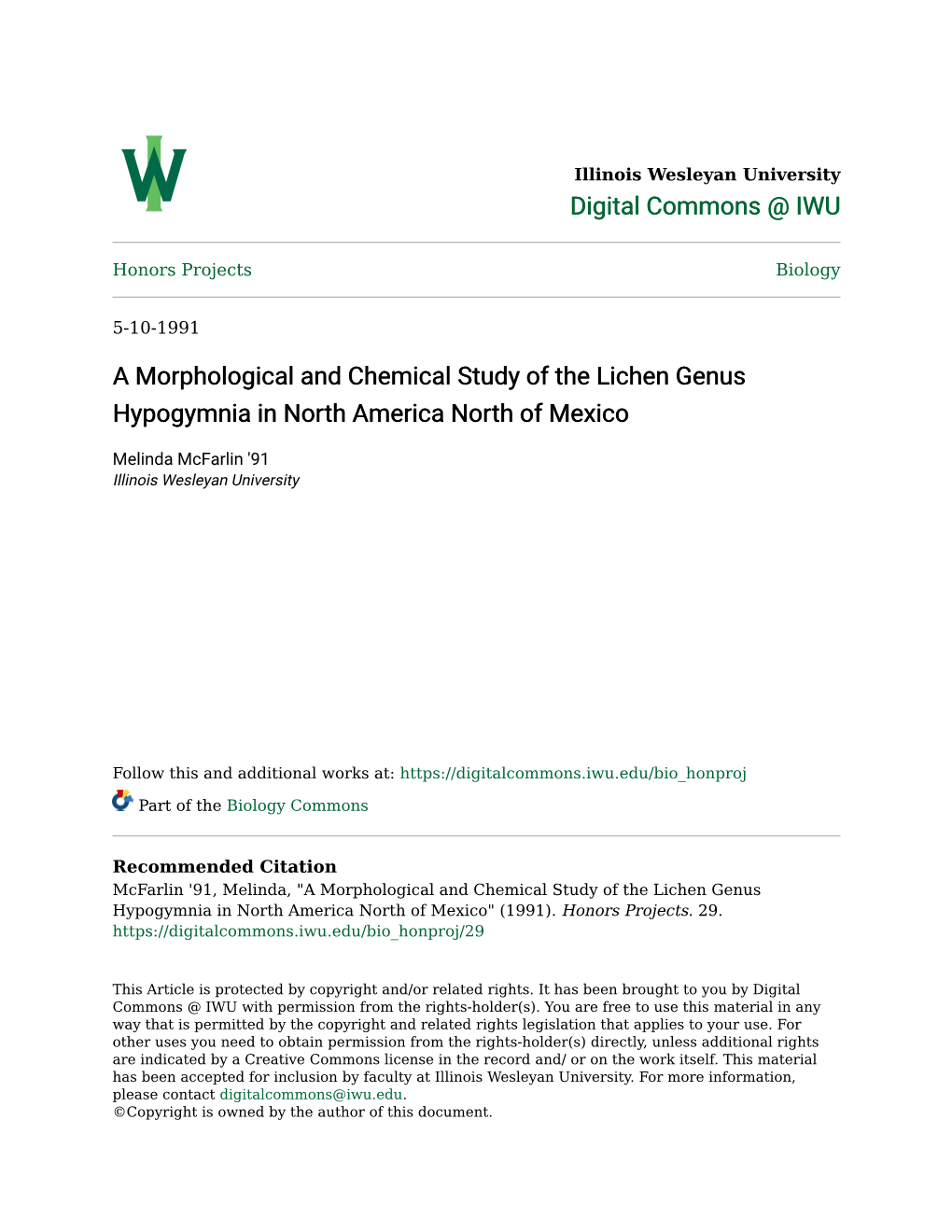 A Morphological and Chemical Study of the Lichen Genus Hypogymnia in North America North of Mexico