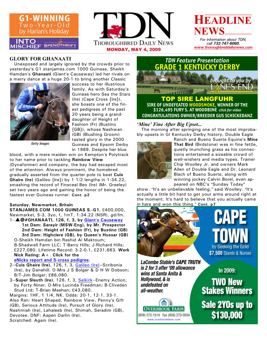 HEADLINE NEWS for Information About TDN, Call 732-747-8060