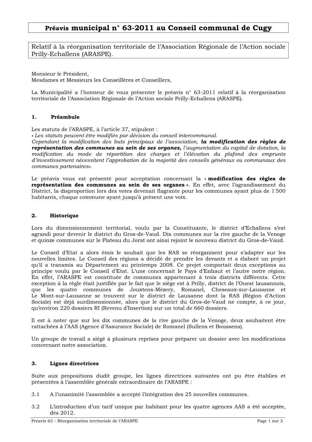 Préavis Municipal N° 63-2011 Au Conseil Communal De Cugy