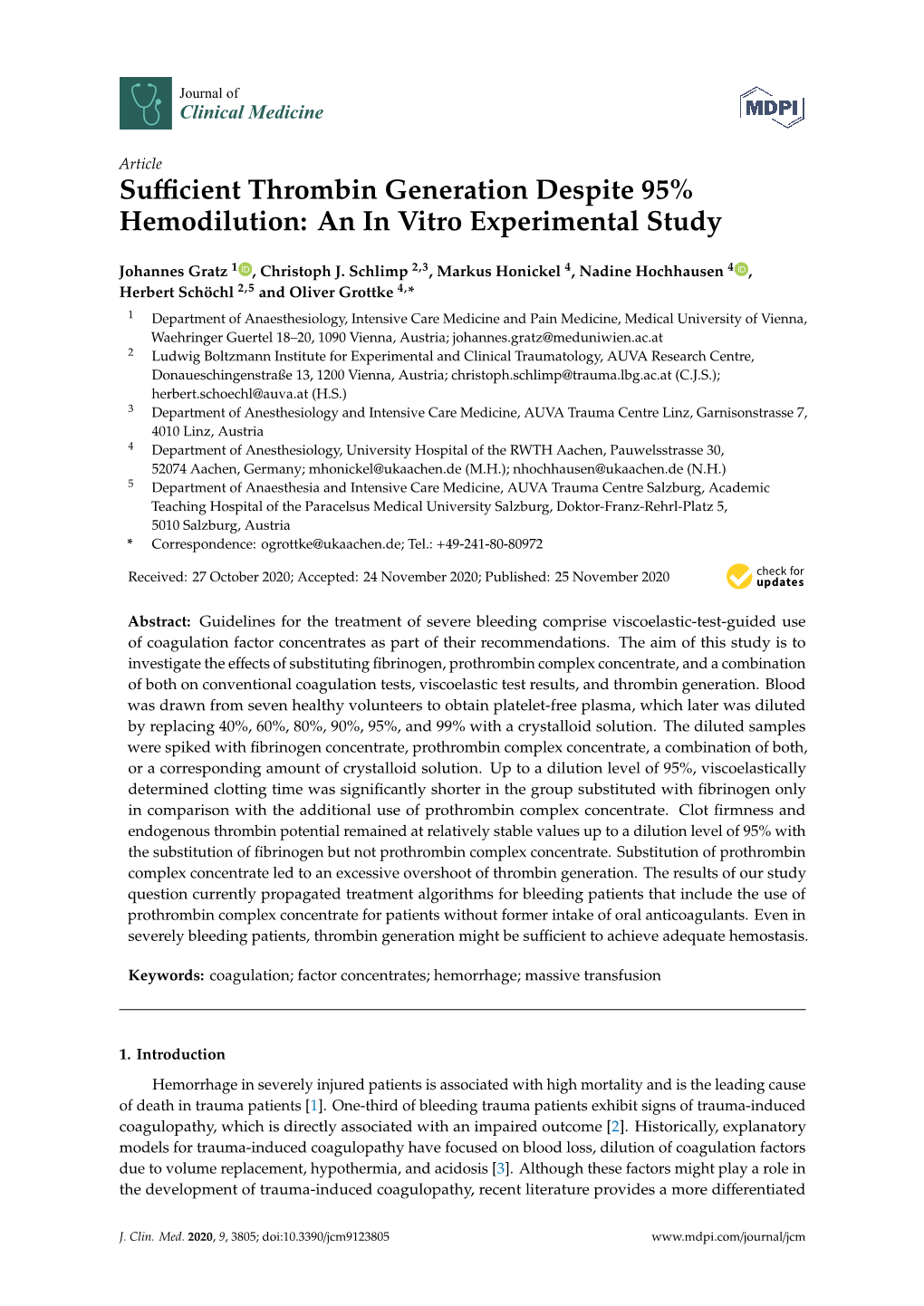 Sufficient Thrombin Generation Despite 95% Hemodilution: an in Vitro Experimental Study