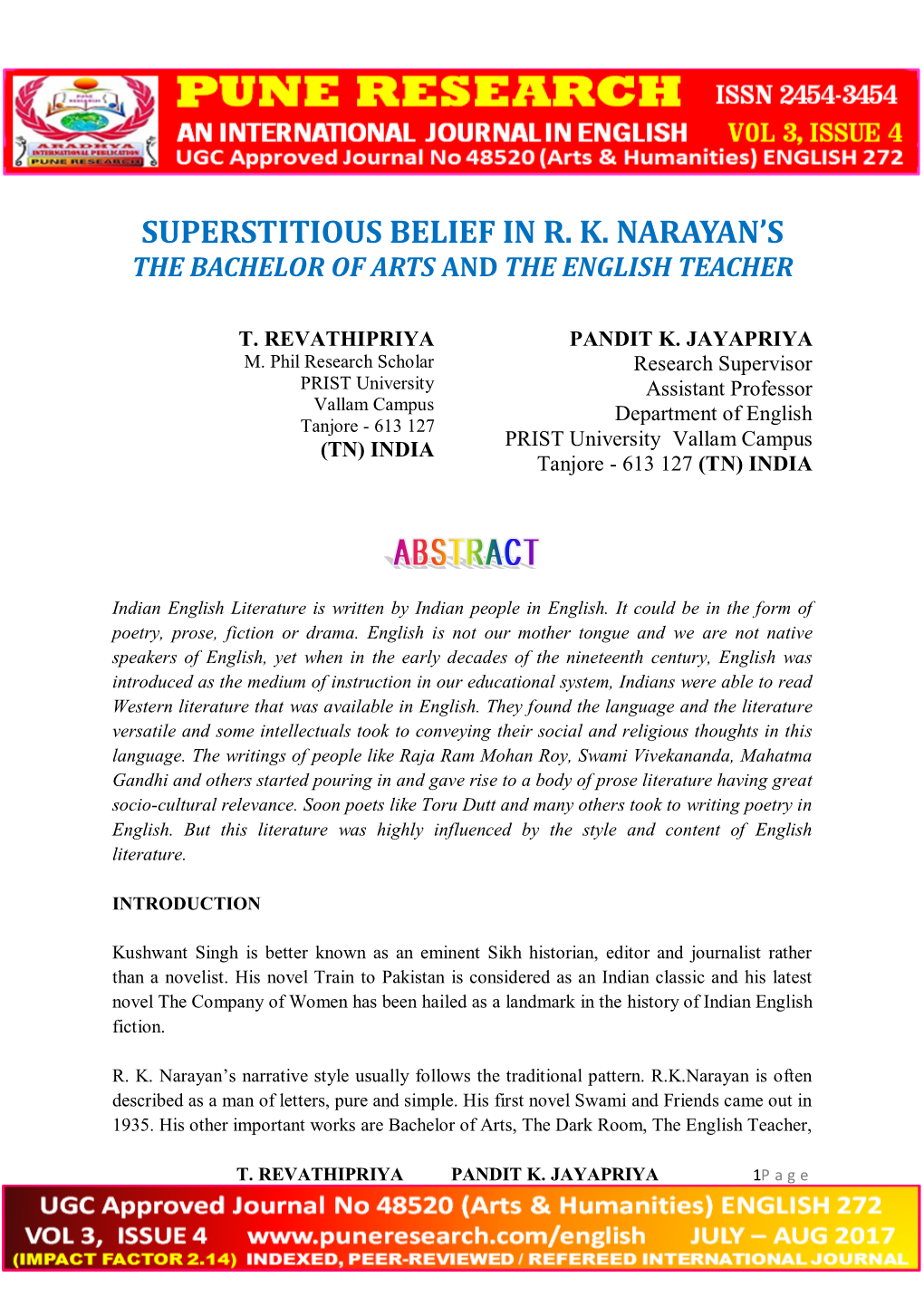 Superstitious Belief in R. K. Narayan's