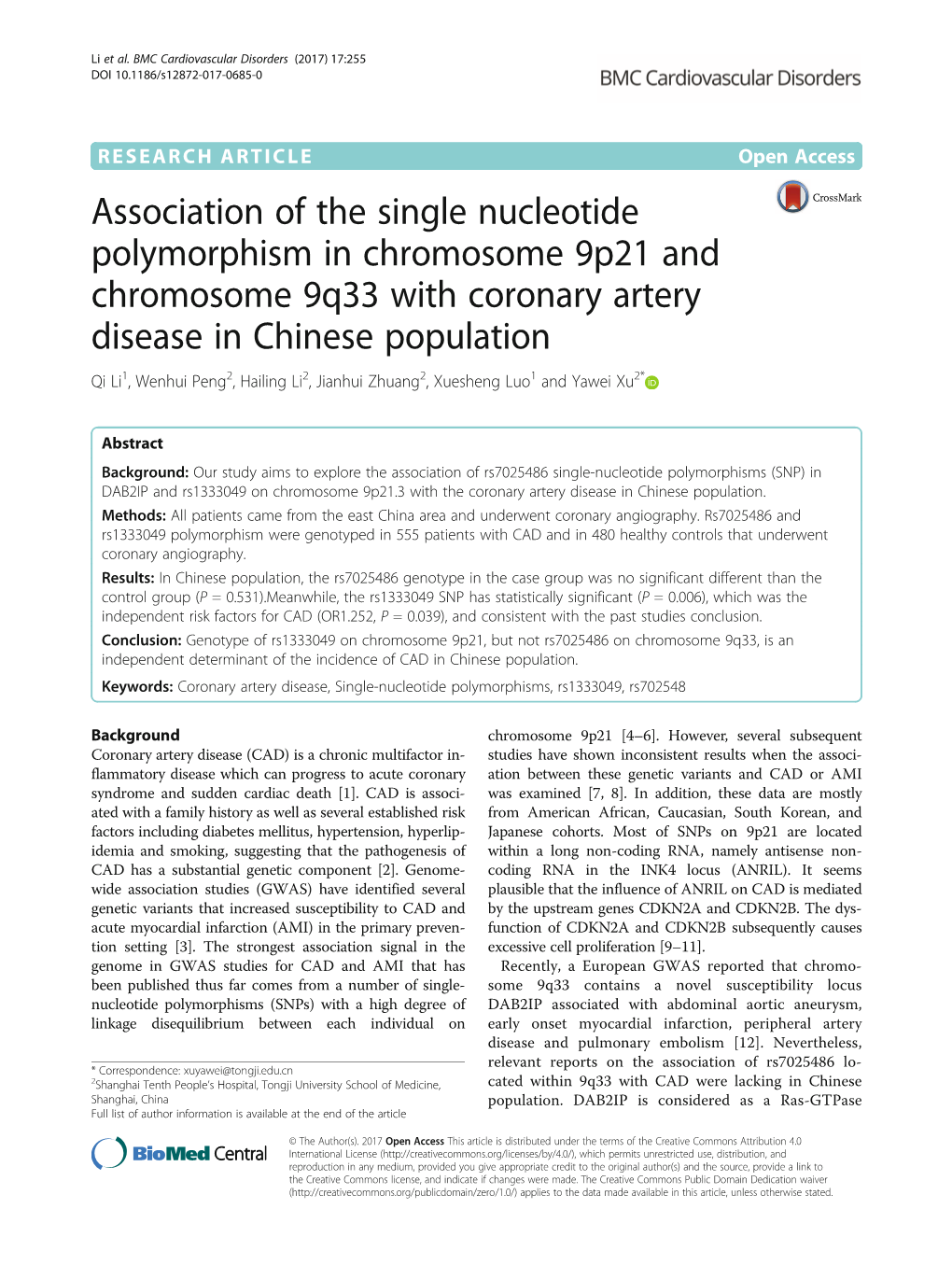 Association of the Single Nucleotide Polymorphism in Chromosome 9P21