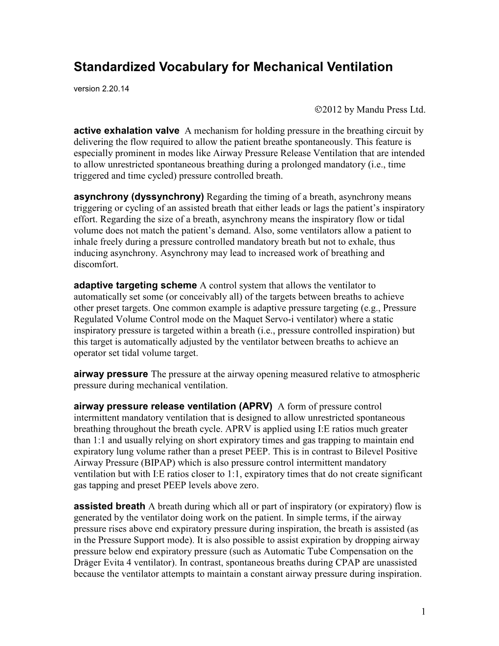 Standardized Vocabulary for Mechanical Ventilation Version 2.20.14