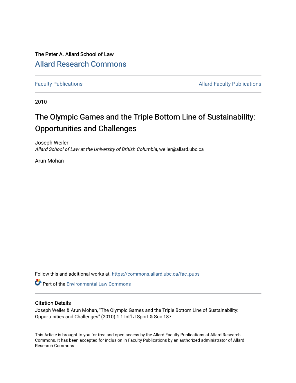 The Olympic Games and the Triple Bottom Line of Sustainability: Opportunities and Challenges