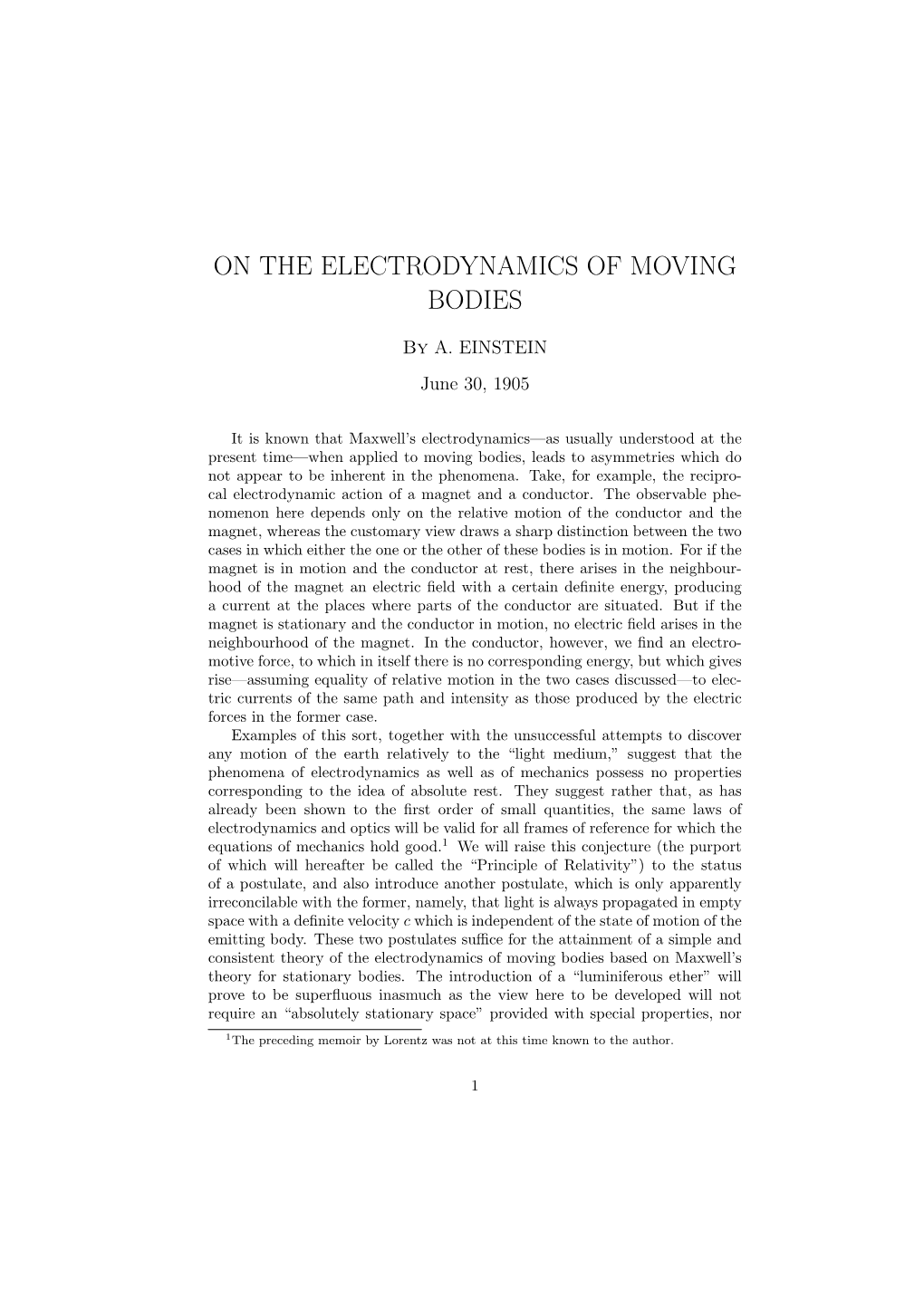 On the Electrodynamics of Moving Bodies