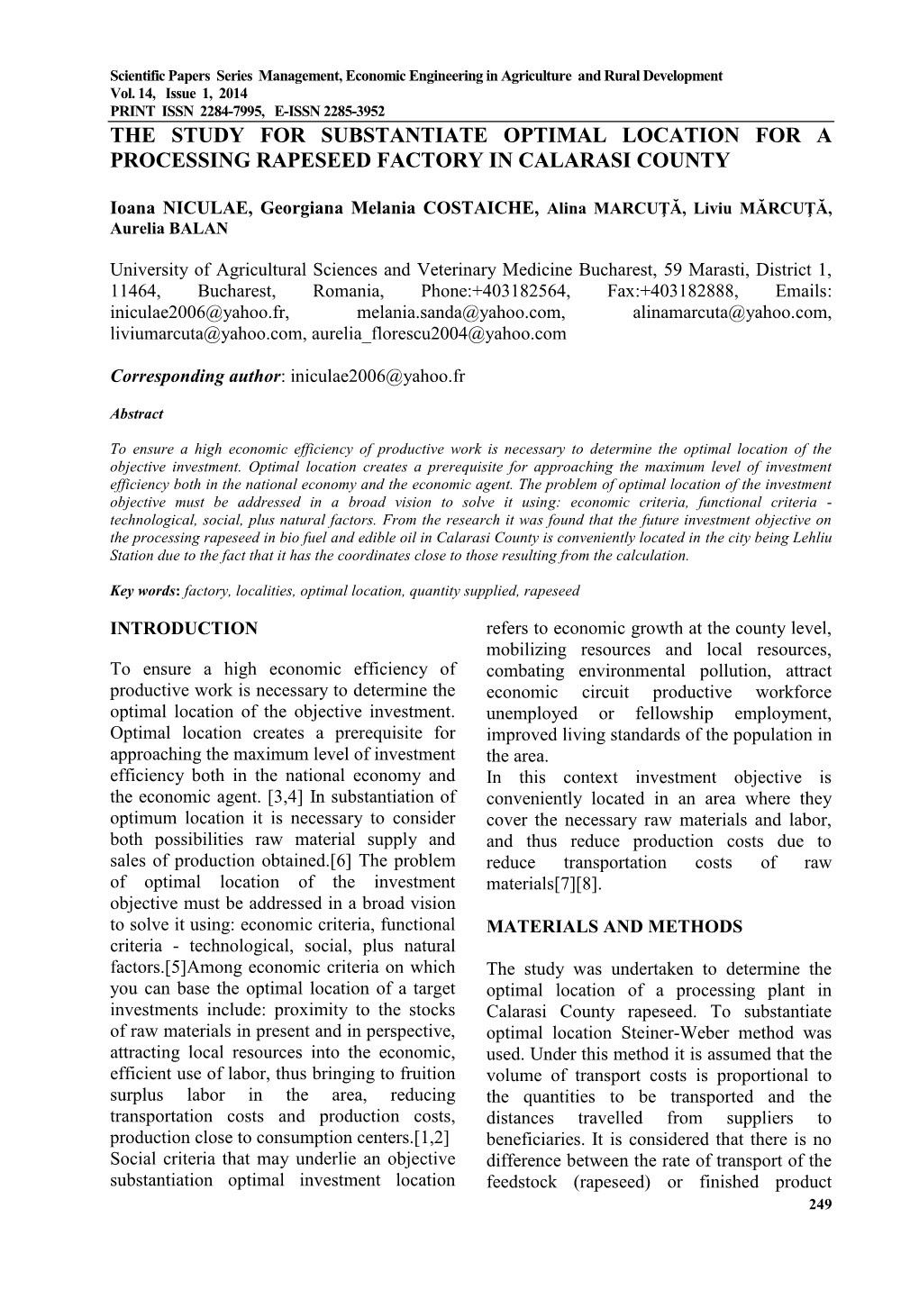 The Study for Substantiate Optimal Location for a Processing Rapeseed Factory in Calarasi County