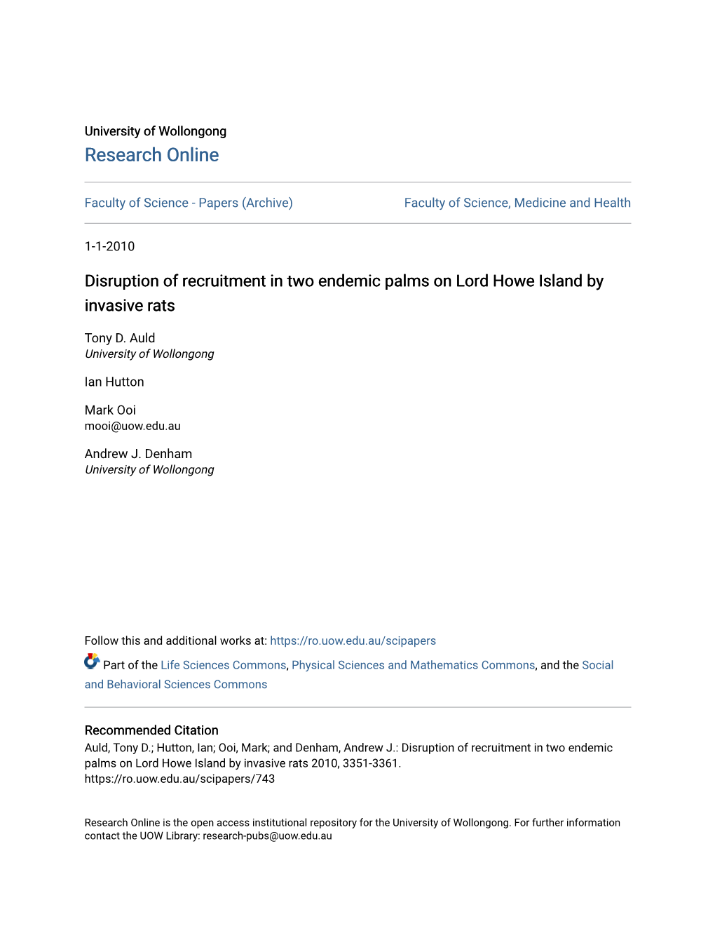 Disruption of Recruitment in Two Endemic Palms on Lord Howe Island by Invasive Rats