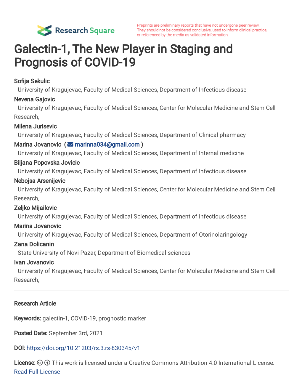 Galectin-1, the New Player in Staging and Prognosis of COVID-19