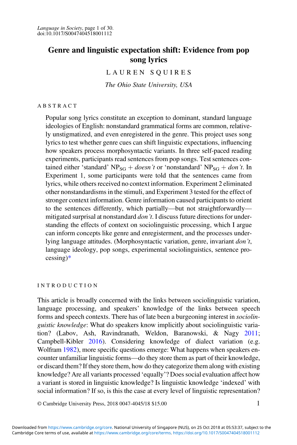 Genre and Linguistic Expectation Shift: Evidence from Pop Song Lyrics LAUREN SQUIRES the Ohio State University, USA