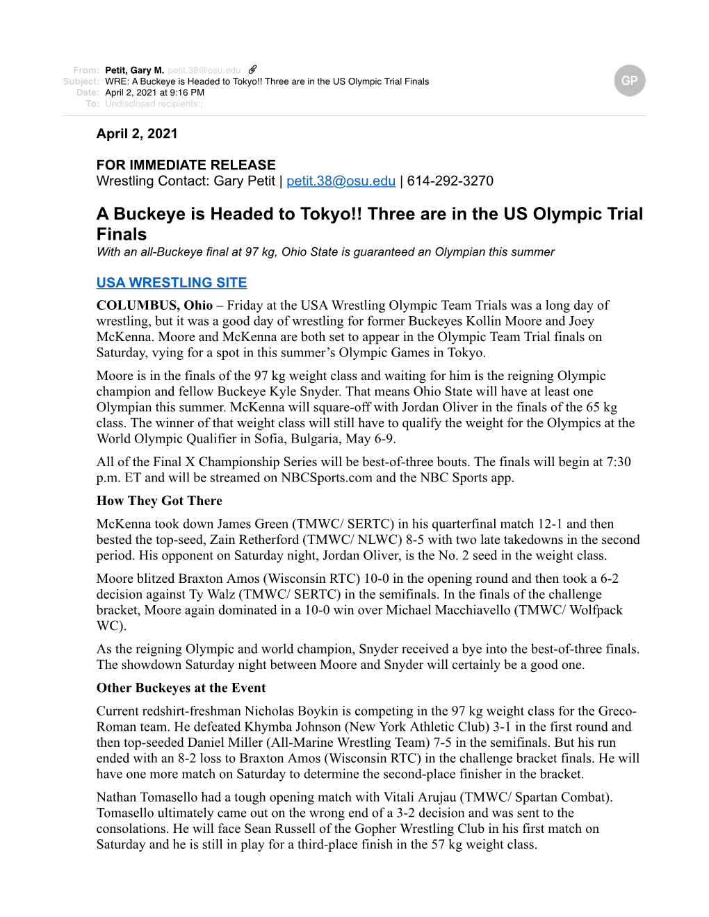 WRE a Buckeye Is Headed to Tokyo Three Are in the US Olympic Trial