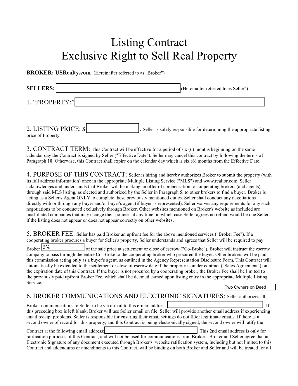 Listing Contract Exclusive Right to Sell Real Property