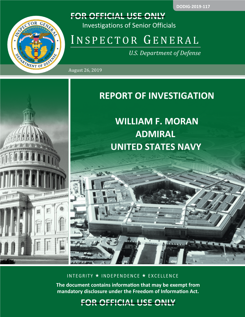 Report of Investigation William F. Moran Admiral United States Navy