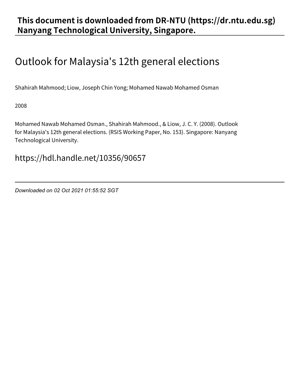 Outlook for Malaysia's 12Th General Elections