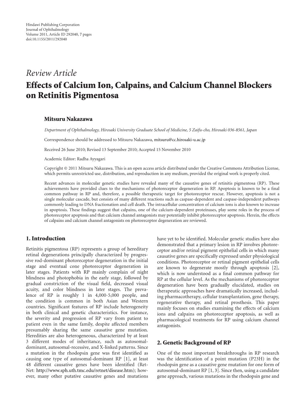 Review Article Effects of Calcium Ion, Calpains, and Calcium Channel Blockers on Retinitis Pigmentosa