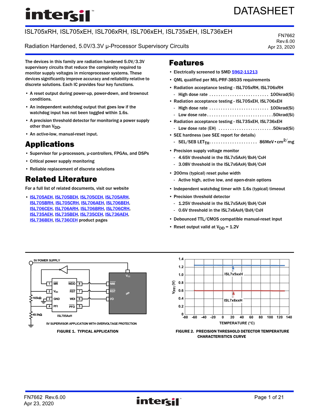 Isl705xrh, Isl705xeh, Isl706xrh, Isl706xeh, Isl735xeh, Isl736xeh FN7662 Rev.6.00 Radiation Hardened, 5.0V/3.3V Μ-Processor Supervisory Circuits Apr 23, 2020