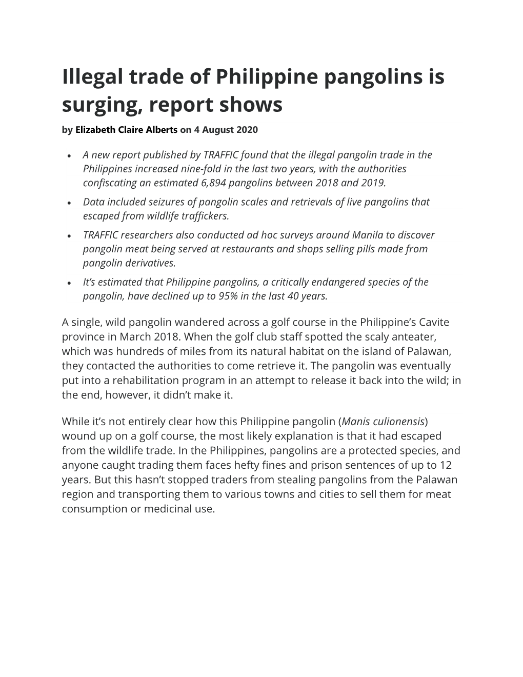 Illegal Trade of Philippine Pangolins Is Surging, Report Shows by Elizabeth Claire Alberts on 4 August 2020
