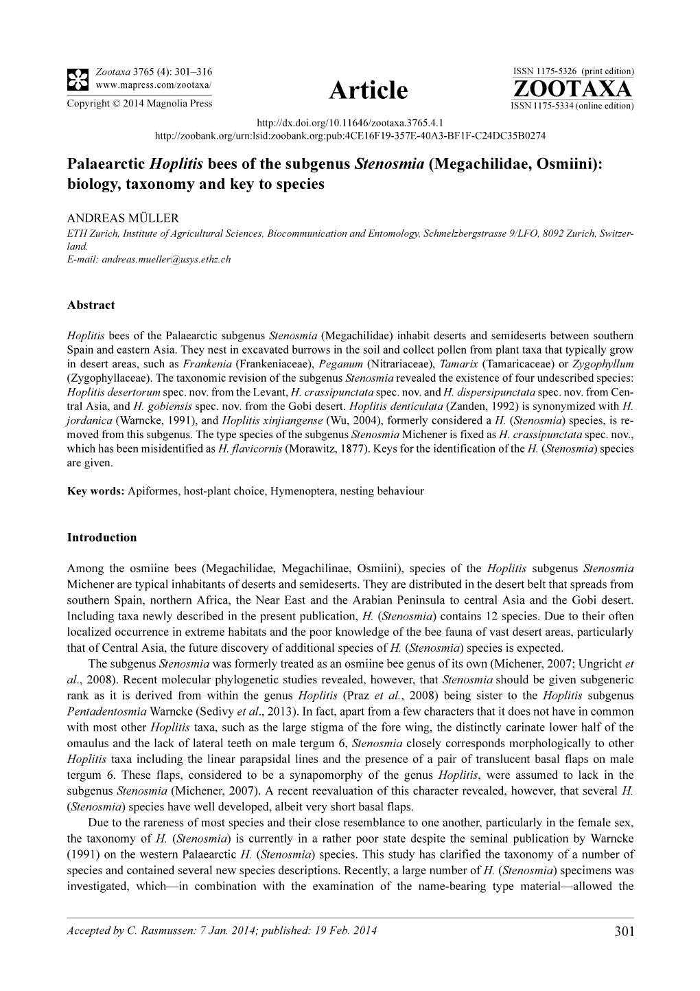 Palaearctic Hoplitis Bees of the Subgenus Stenosmia (Megachilidae, Osmiini): Biology, Taxonomy and Key to Species