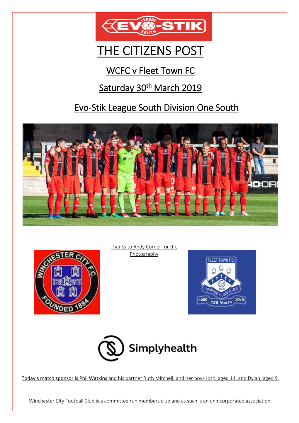 THE CITIZENS POST WCFC V Fleet Town FC Saturday 30Th March 2019 Evo-Stik League South Division One South