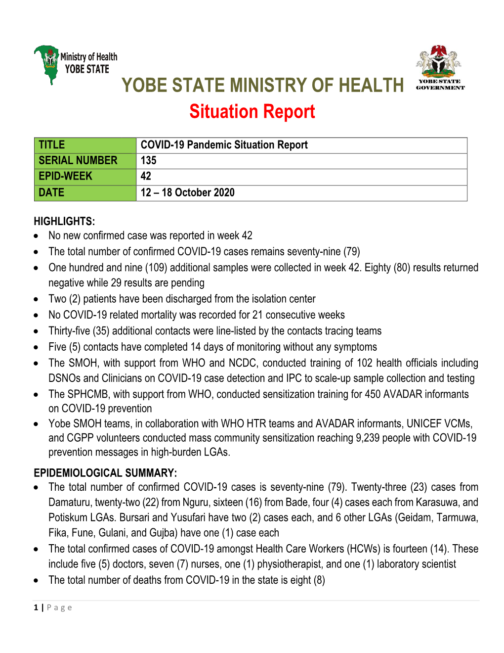 YOBE STATE MINISTRY of HEALTH Situation Report