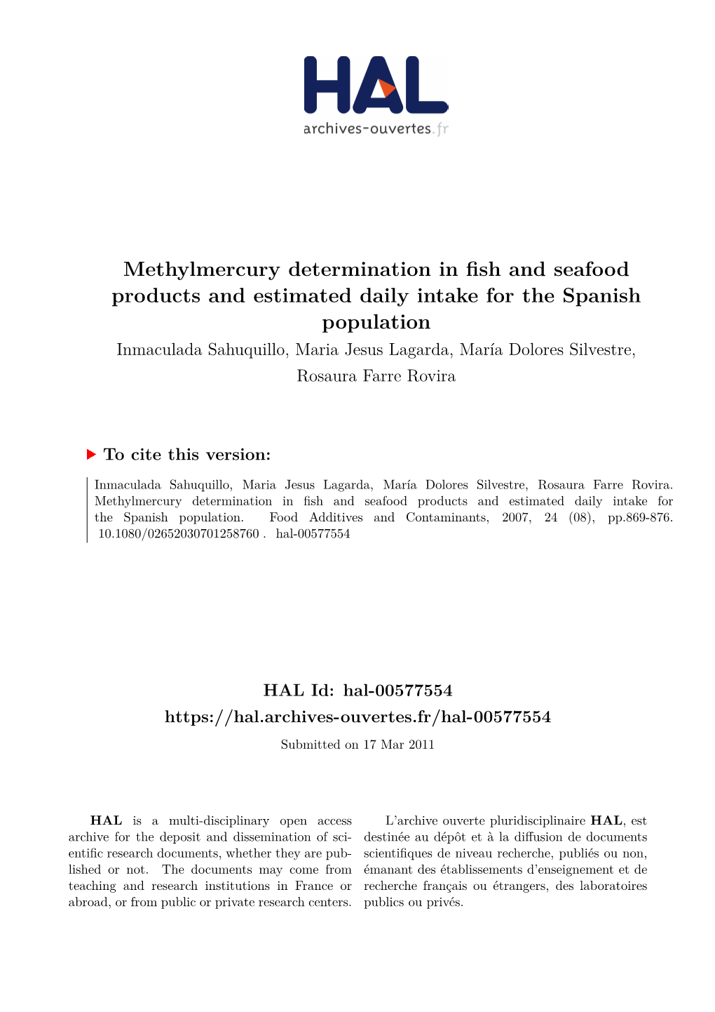 Methylmercury Determination in Fish and Seafood Products And