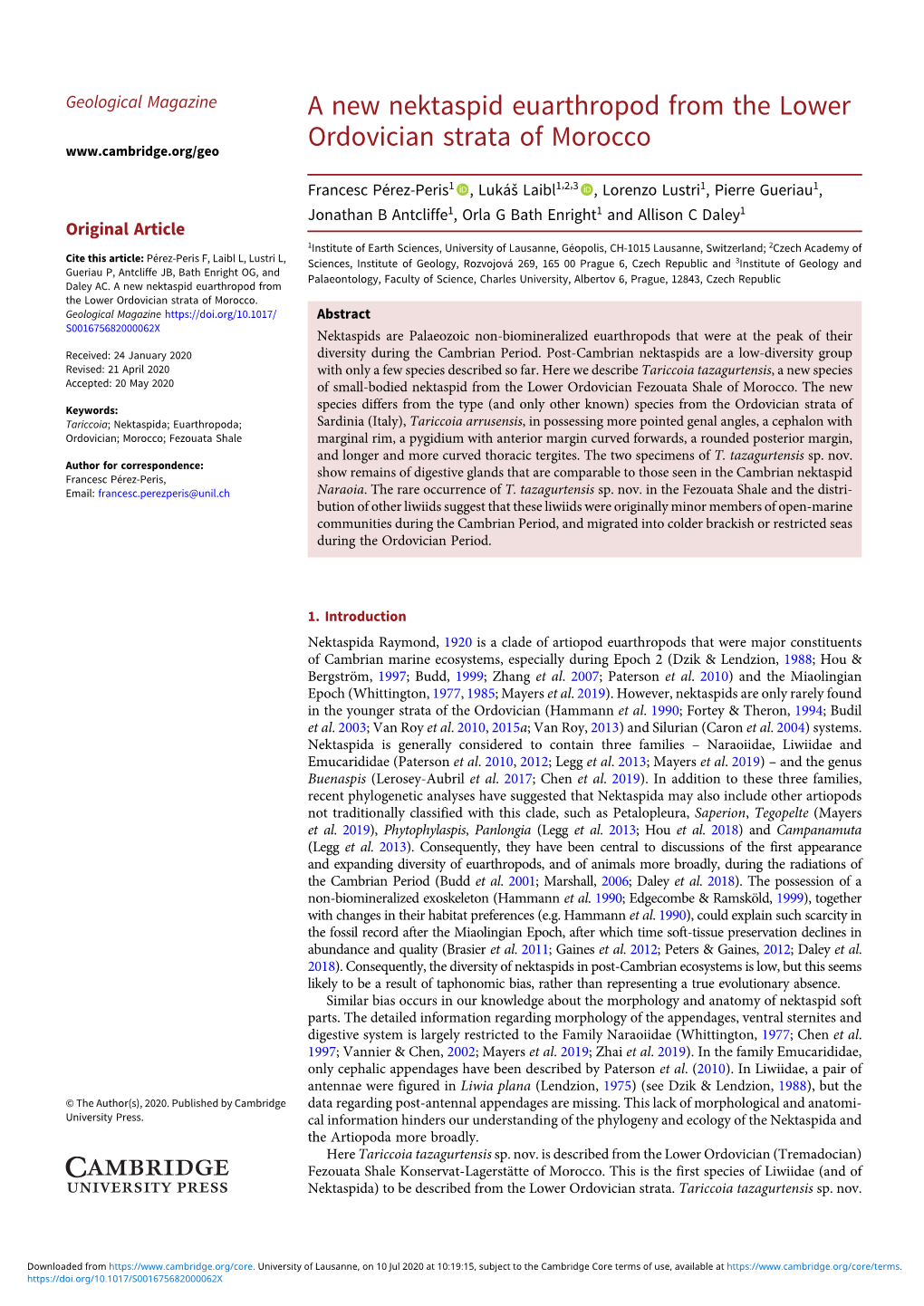 A New Nektaspid Euarthropod from the Lower Ordovician Strata of Morocco