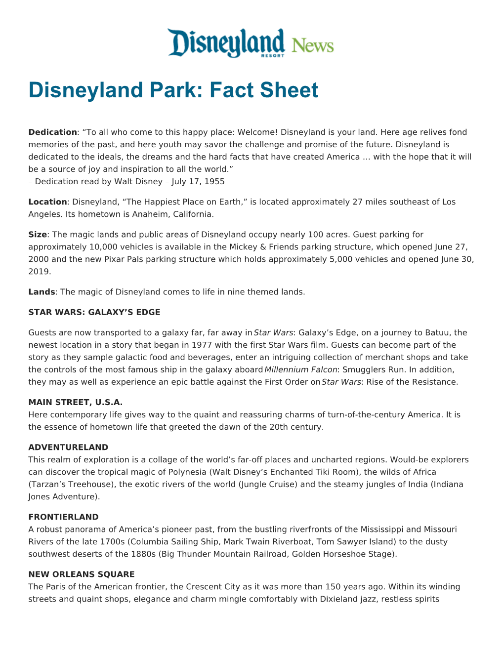 Disneyland Park: Fact Sheet