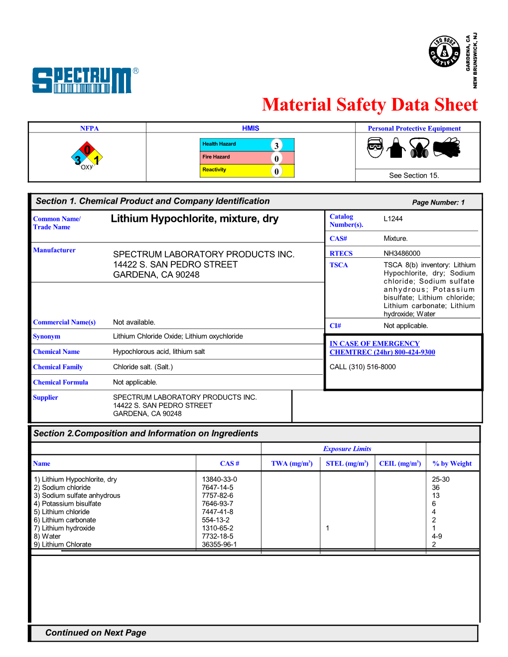 Material Safety Data Sheet