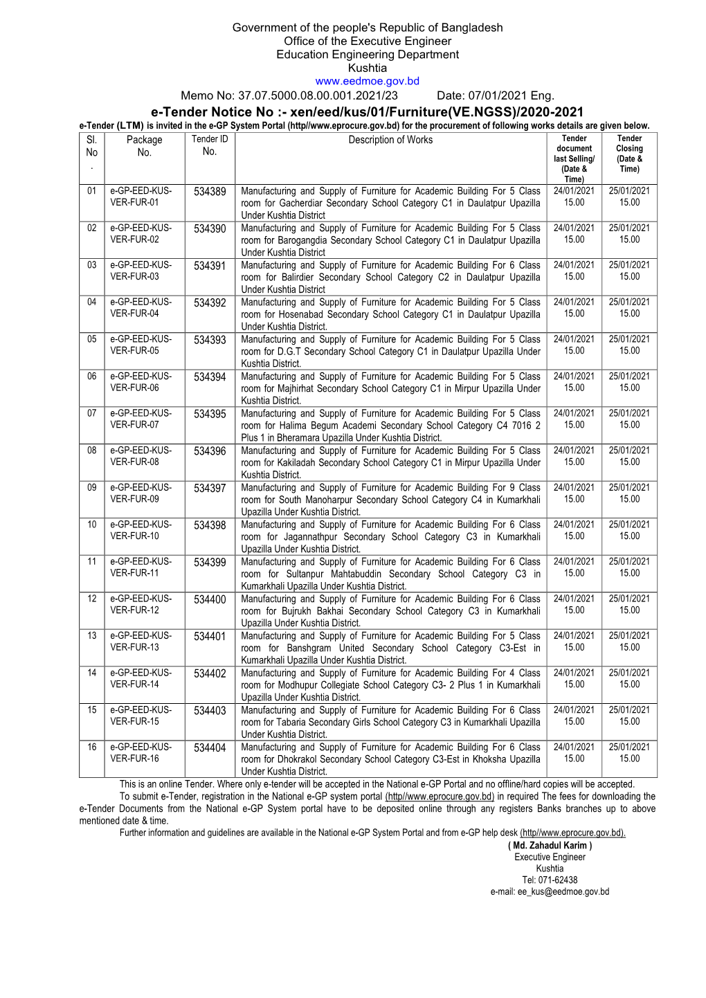 E-Tender Notice No :- Xen/Eed/Kus/01/Furniture(VE.NGSS