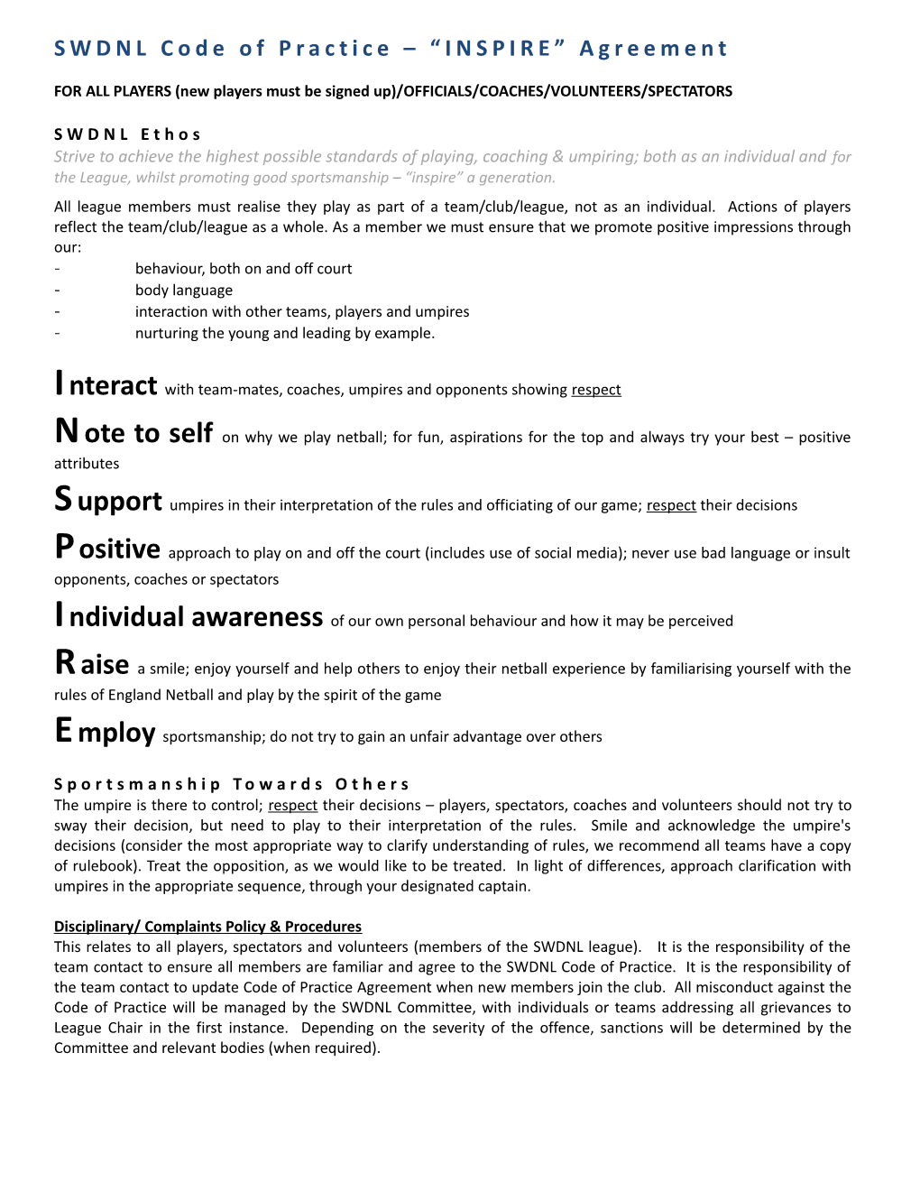 SWDNL Code of Practice INSPIRE Agreement